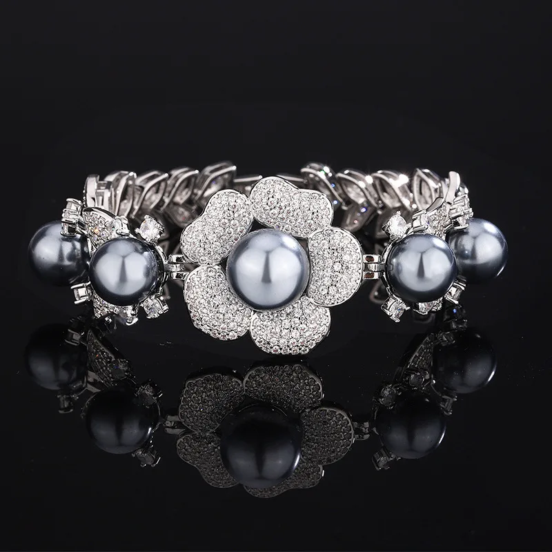 Elegant Flower White Grey Pearl Charm Bracelets for Women Bracelets with Rhinestone Accents Jewelry Wedding Engagement Gift