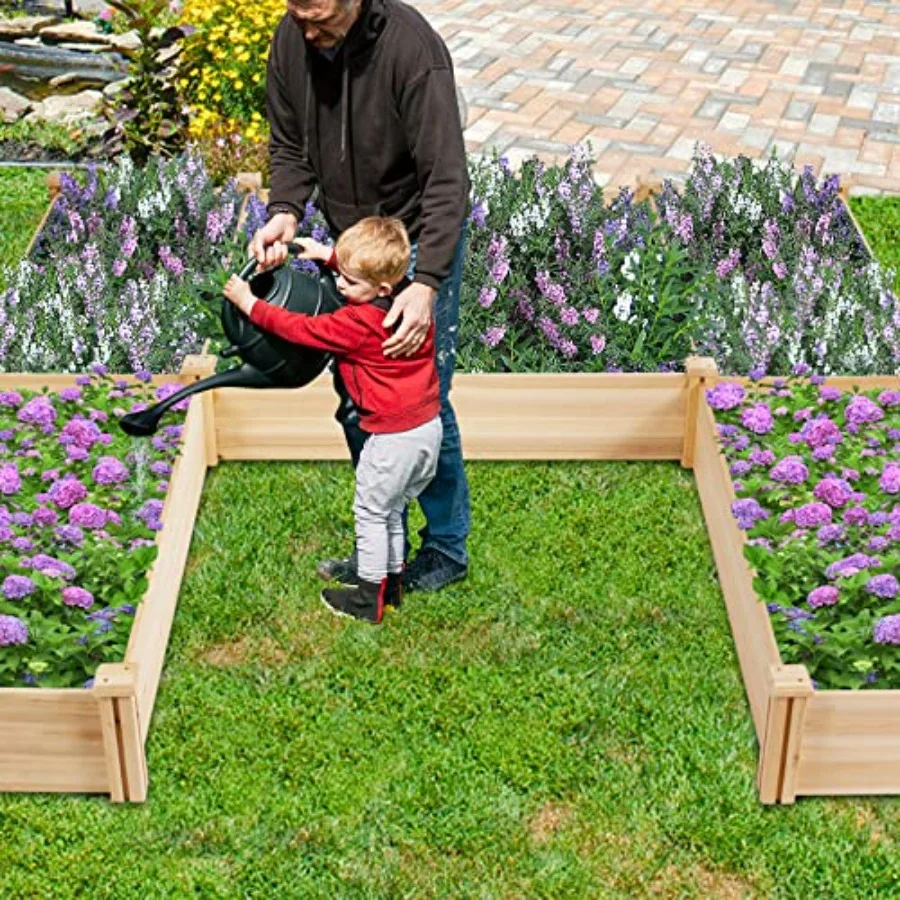 Outdoor wooden raised garden bed kit in natural wood color: divisible, elevated planter for flowers, vegetables, grass, lawn, y