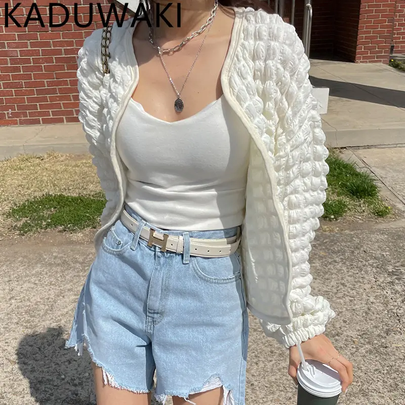 

Korean Bubble Plaid Jacket Sun Protection Full Sleeve Women Coat 2024 Summer New Fashion Loose Elegant Chic O-neck Outwear