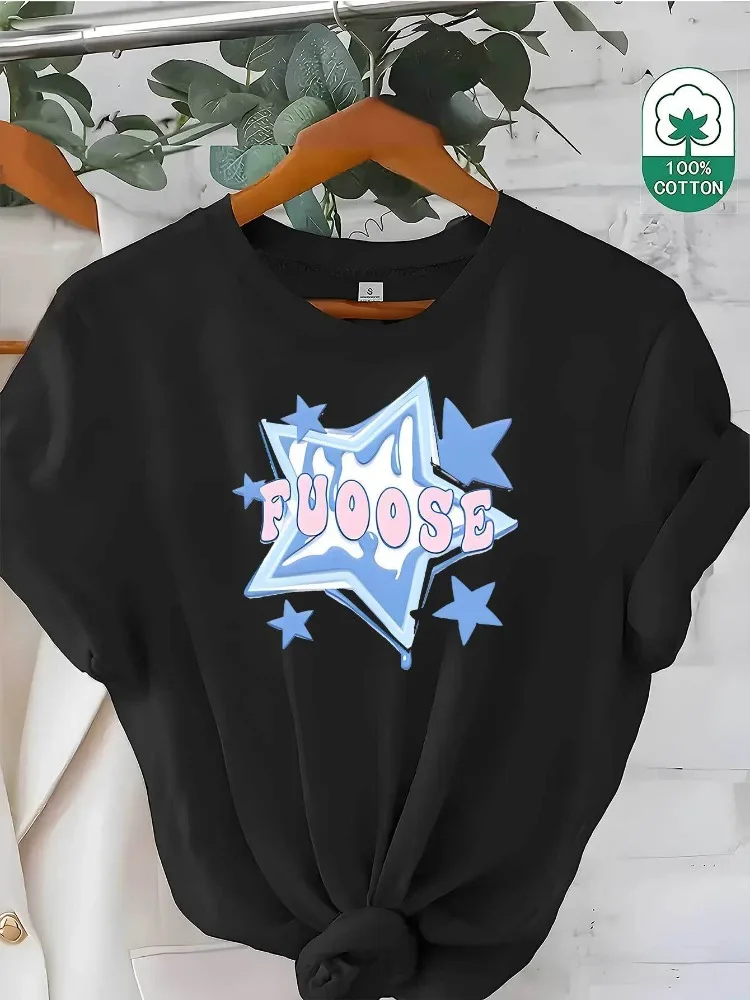 

Women Fashion Short-Sleeve T-Shirt Comfortable Crew Neck Casual Top Features Star and Letter Print Design Breathable Soft Fabric