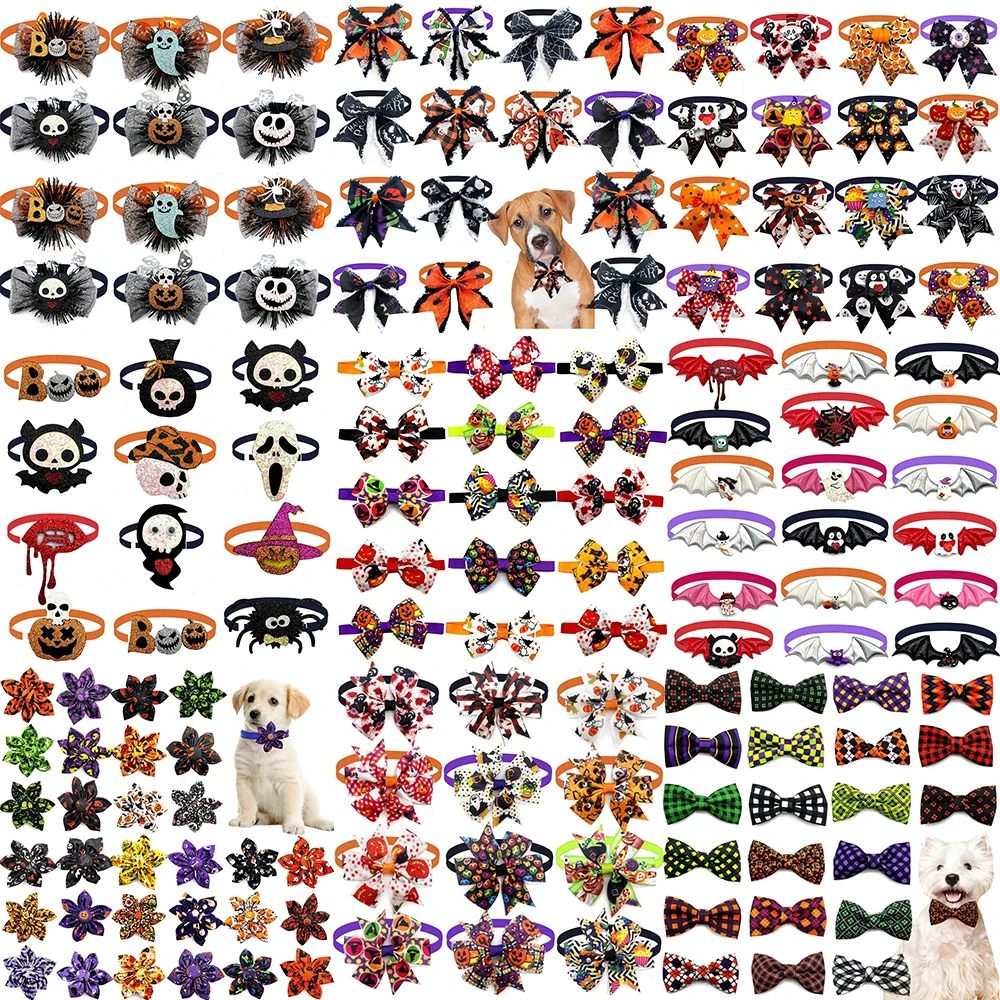 50pcs Halloween Dog Bows Horrible Skull Pumpkin Grooming Bow Ties Adjustable Collar Puppy Pets Bowties Festival Decoration