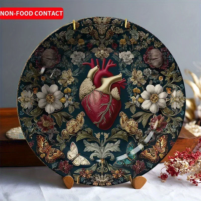 1pcElegant Ceramic Decorative Plate Heart Shape with Floral Butterfly Design Wall Hanging Home Decor Non-Food Contact Living