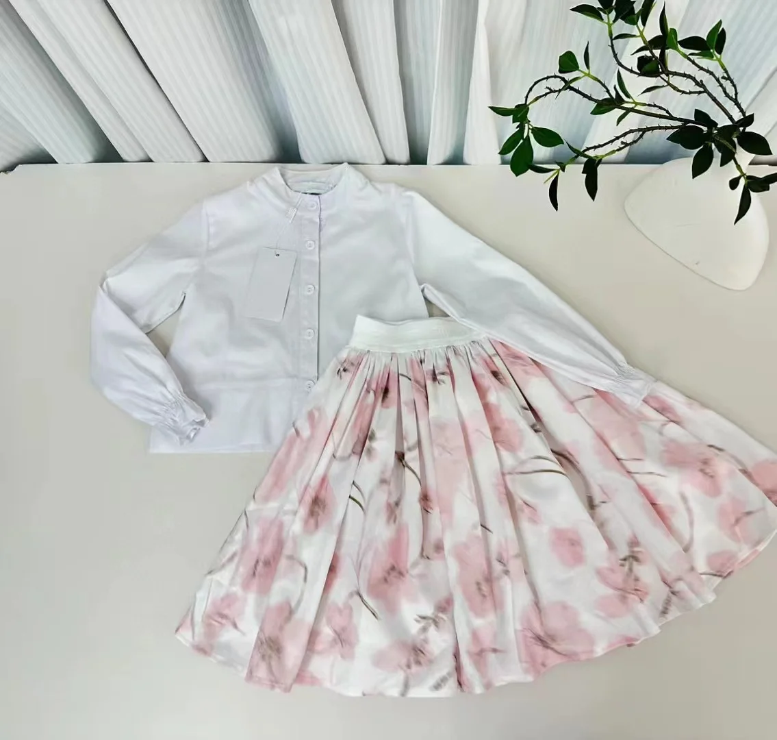 

2024 Flower printed White top coat+skirt Toddler Infant Clothing Set size 2 3 4 6 8 10 12Years