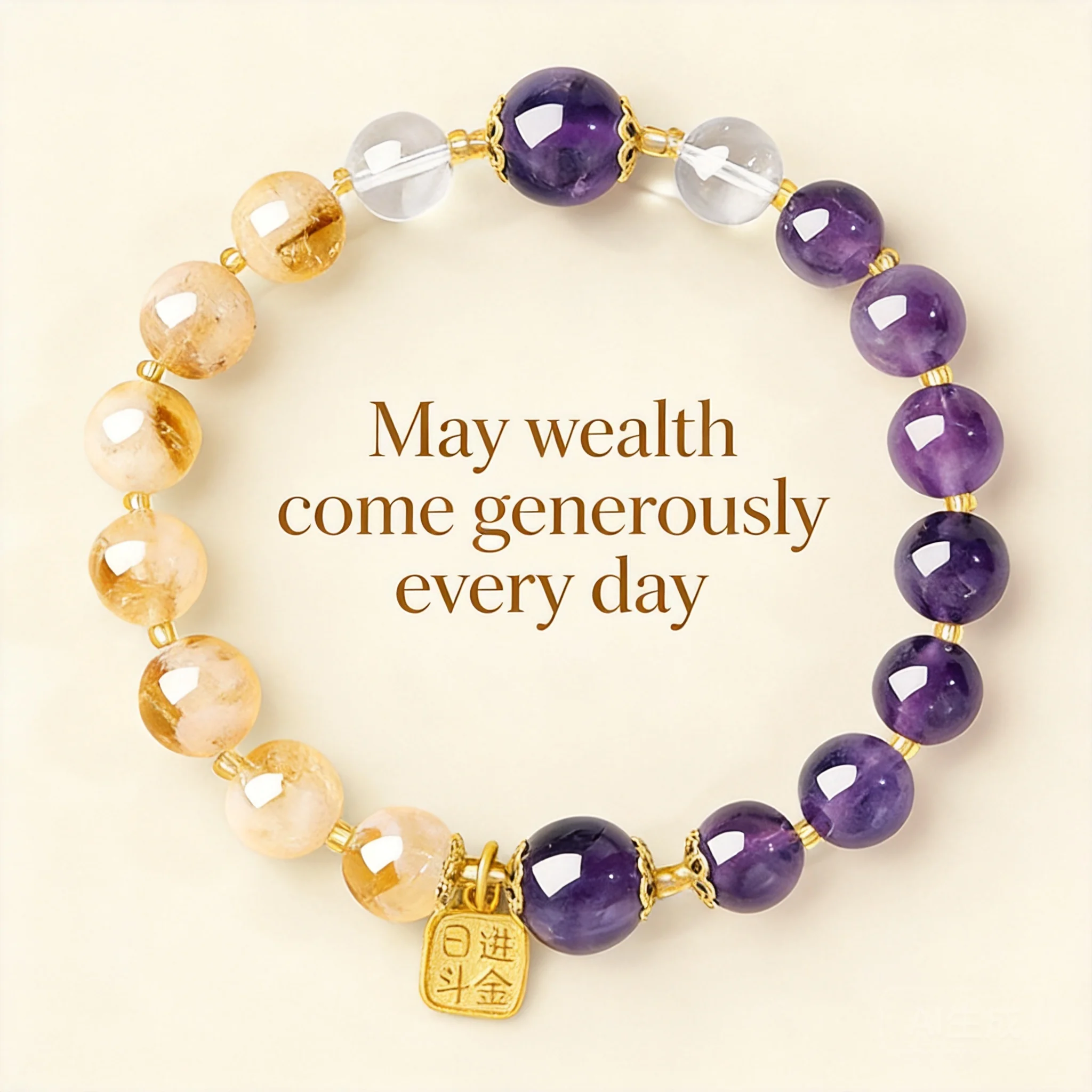 Chinese Style Natural Amethyst Yellow Rutilated Quartz Beaded Bracelet For Women Lucky Wealth Blessing Feng Shui Good Luck Heali
