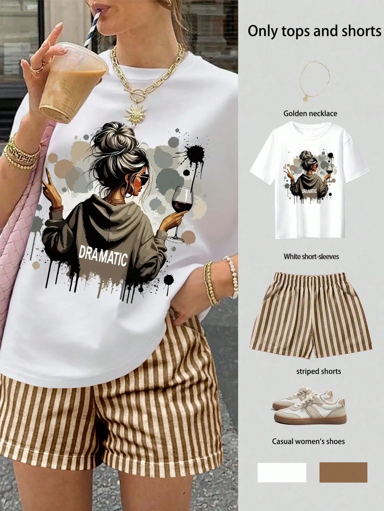 

Женская футболка с эффектным графическим принтом и полосатые шорты, повседневный комплект из 2 предметов