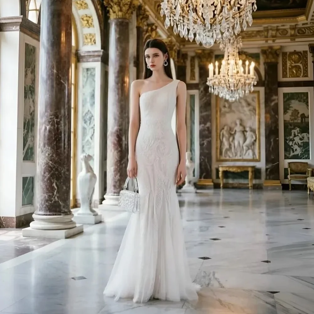 

Customized Evening Dress Ivory Sequins Stretchy One-Shoulder Ruffles Zipper Back Mermaid Trumpet Floor-Length Party Formal Gown
