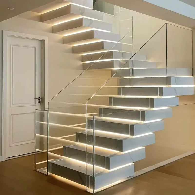 custom.CBMmart Indoor Stairs Single Beam Straight Floating Stairs With Solid Wood Steps Metal Wooden Staircase