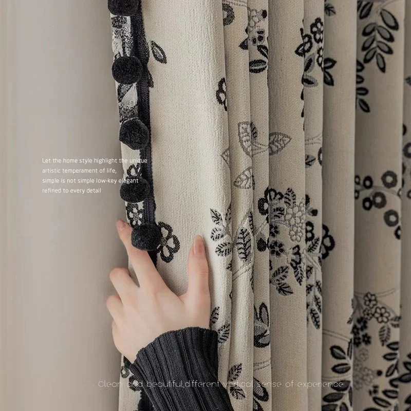 Mid-century Style Black White Chenille Curtains for Living Dining Room Bedroom Jacquard Curtains American Style High Blackout