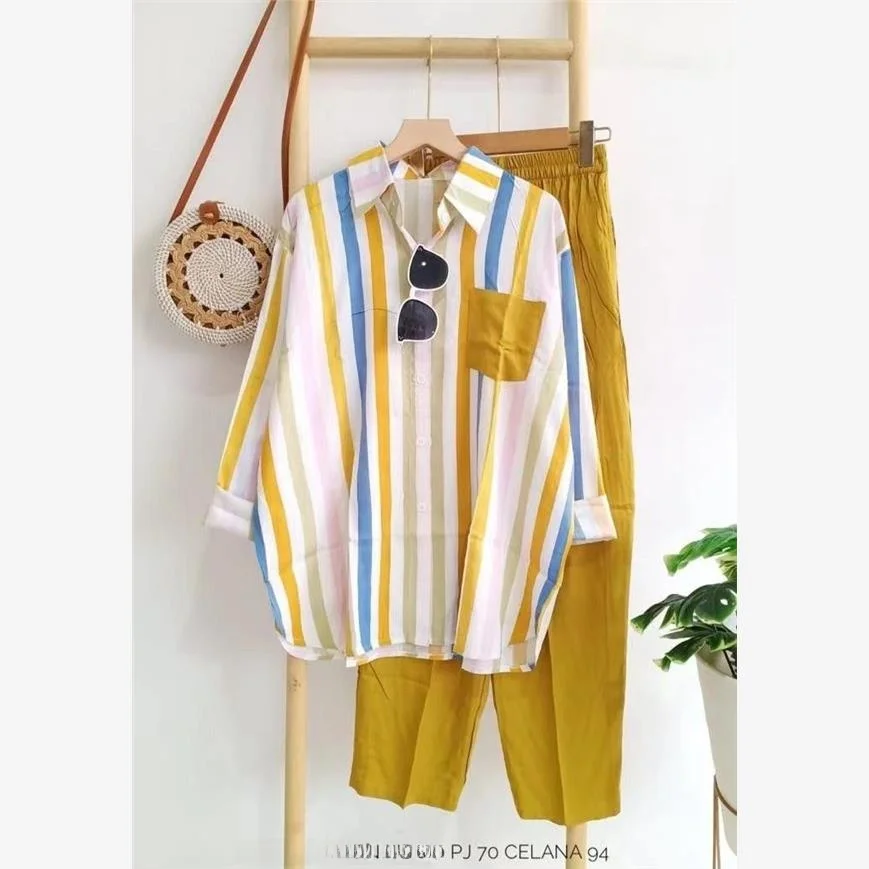 

Casual Striped Two-Piece Set Women's Long Sve Faionable Ensemble Summer 2023 No Brand Registered Trademark Available