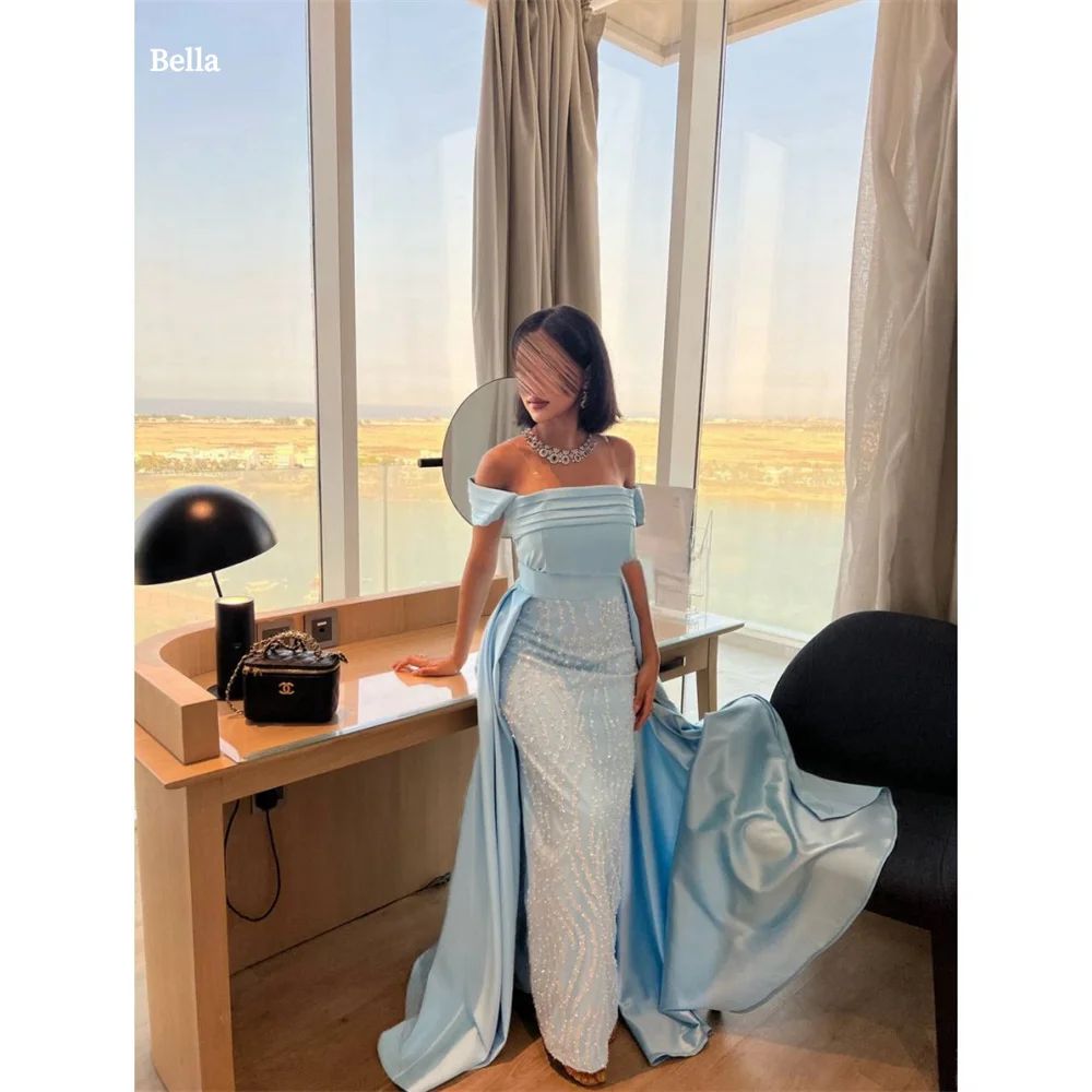 Bella Blue Satin Prom Dresses Off the Shoulder Mermaid فساتين سهرة Elegant Floor-length Detachable Train Vestidos De Fiesta 2024