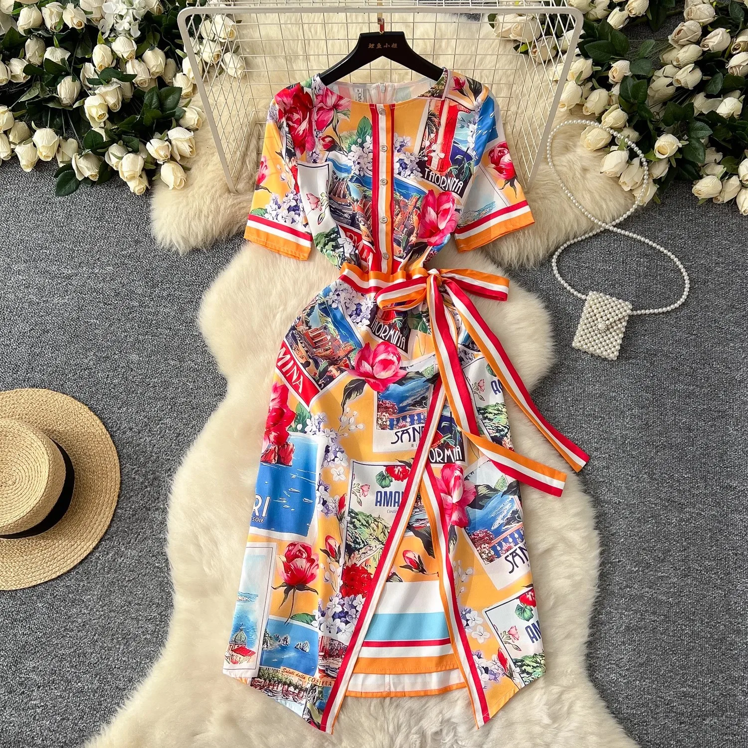 New 2025 Spring Summer Holiday Lace Up Wrap Dress Vintage Women O Neck Short Sleeve Flower Print High Waist Irregular Knee Dress