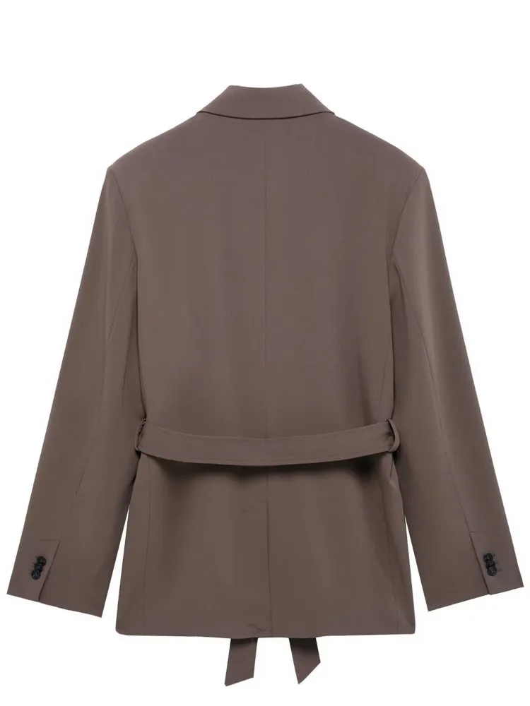 ZMEENNA ผู้หญิงสีน้ําตาลขนาดใหญ่เสื้อแจ็คเก็ต Blazer Tie เข็มขัดแขนยาว Notched Lapel Casual หลวม Fit Outerwear แฟชั่น ZM3251
