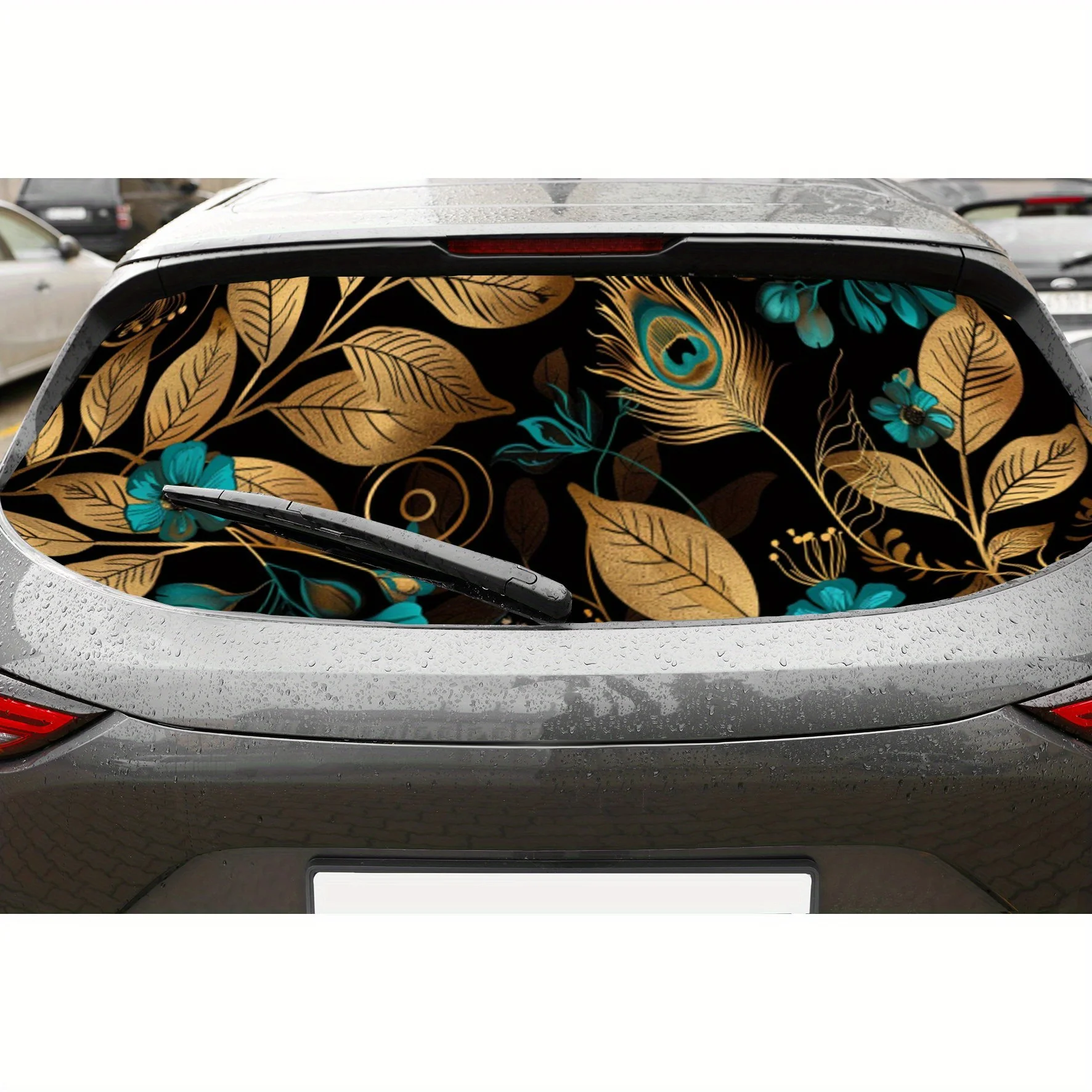

Golden Leaves and Peacock Feather PVC Perforated Car Vinyl Wraps, Durable Car Rear Windshield Sticker, Waterproof Car Rear Windo