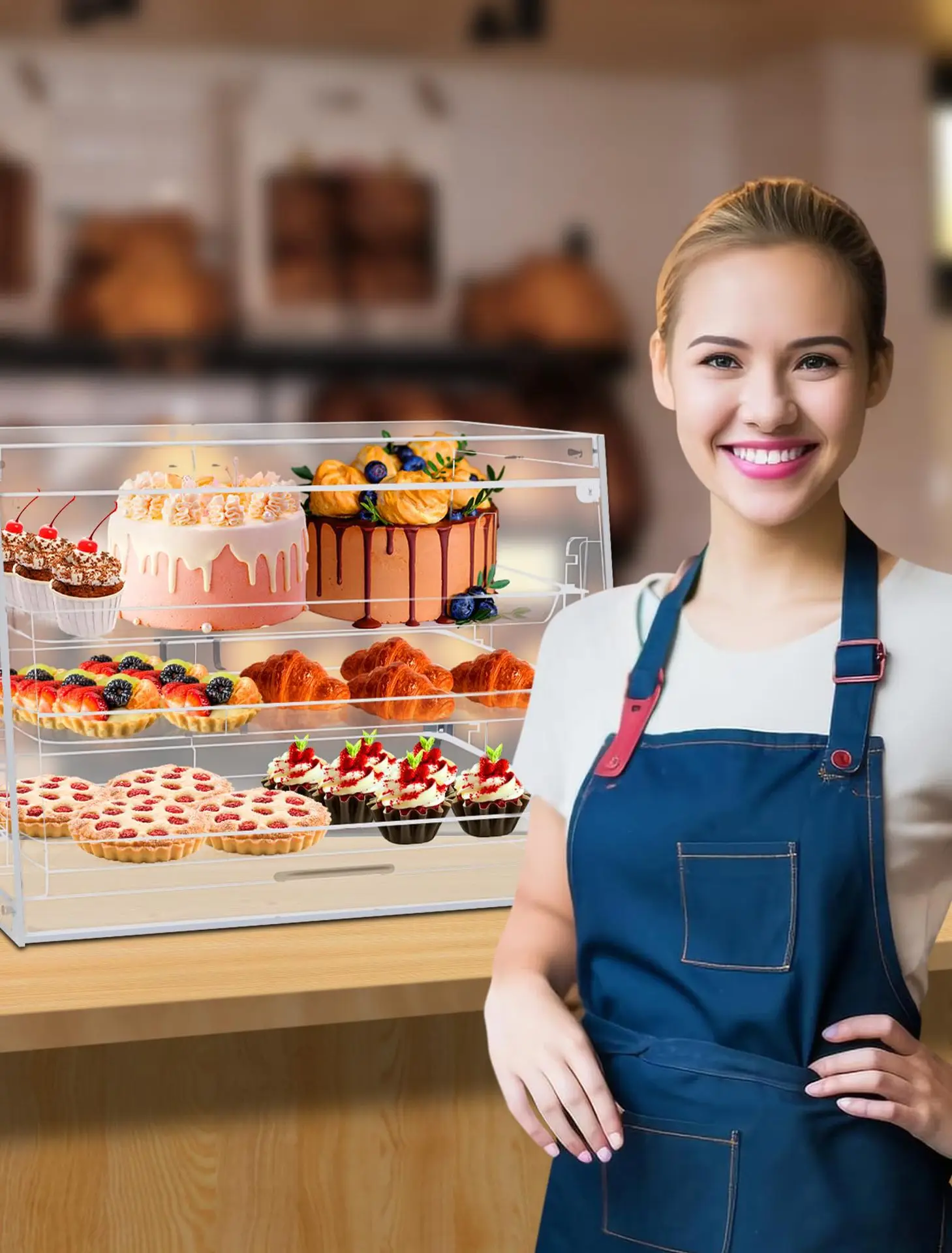 Spot pastry cabinet, food grade transparent acrylic bread box, 3-layer with cake clip, commercial donut display cabinet