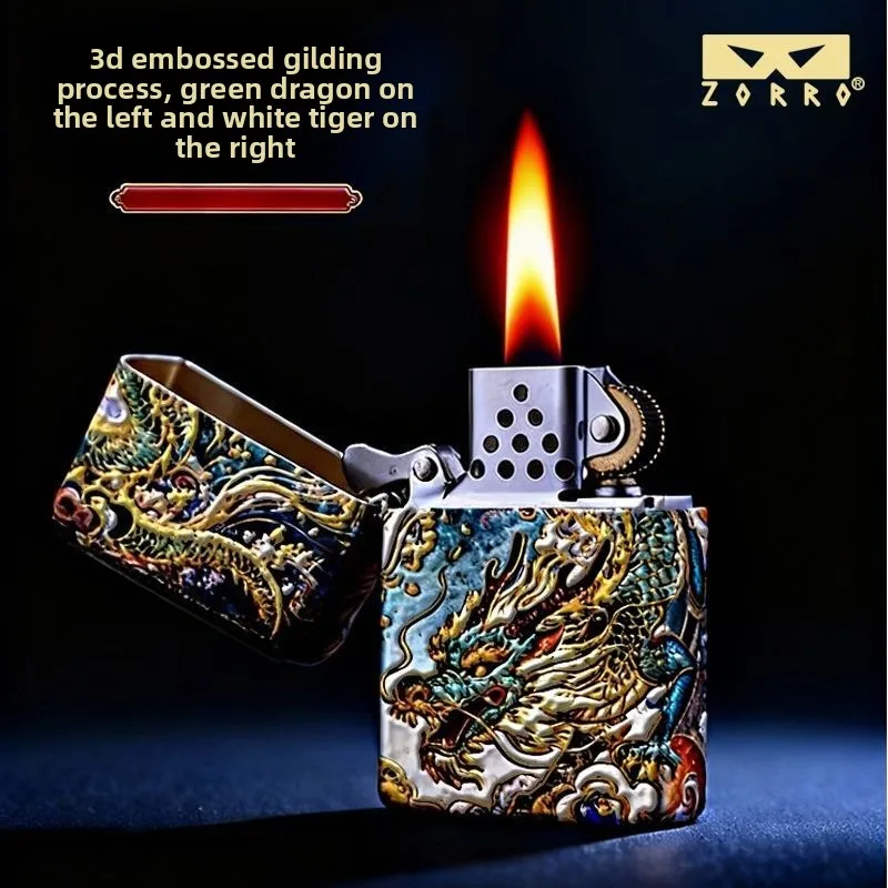 

Zorro 6-sided painted 3D relief enamel fuel lighter, high-end windproof grinding wheel lighter, cigarette accessories,men's gift