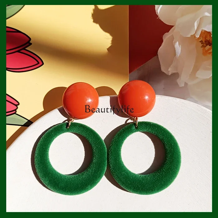 Green Flocking Circle Earrings, Orange Contrast, Velvet, French Style, Autumn and Winter, 1980s, Ear Clip