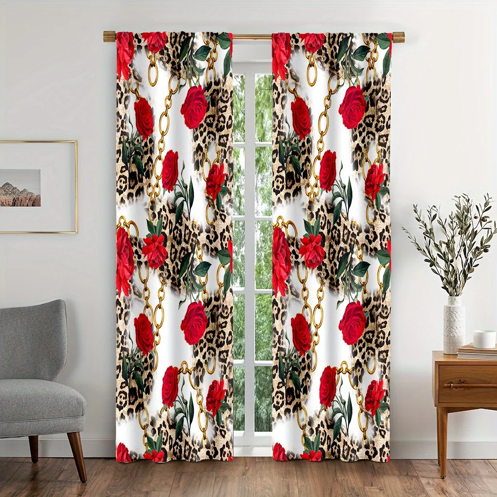 Elegant Leopard Print Floral Curtain Panels with Gold Chain Trim for Living Room Home Decor Window Treatment