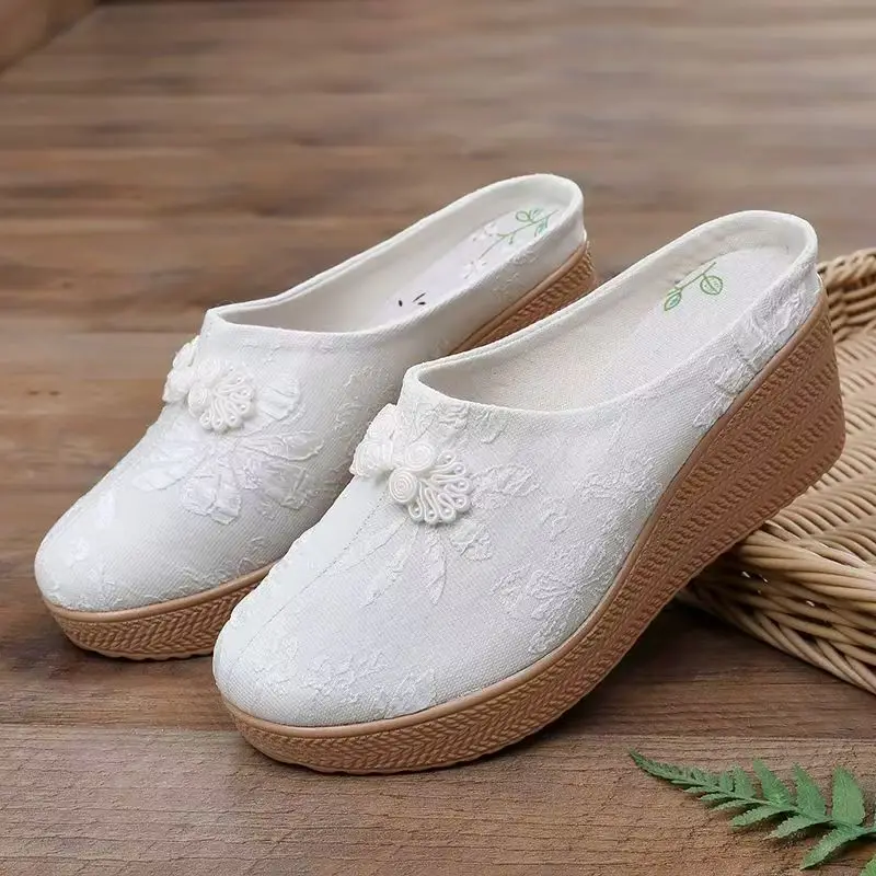 Women Chinese Style White Color Wedges Half Slippers Summer New Thick Sole Closed Toe Breathable Outdoor Hanfu Cloth Slippers