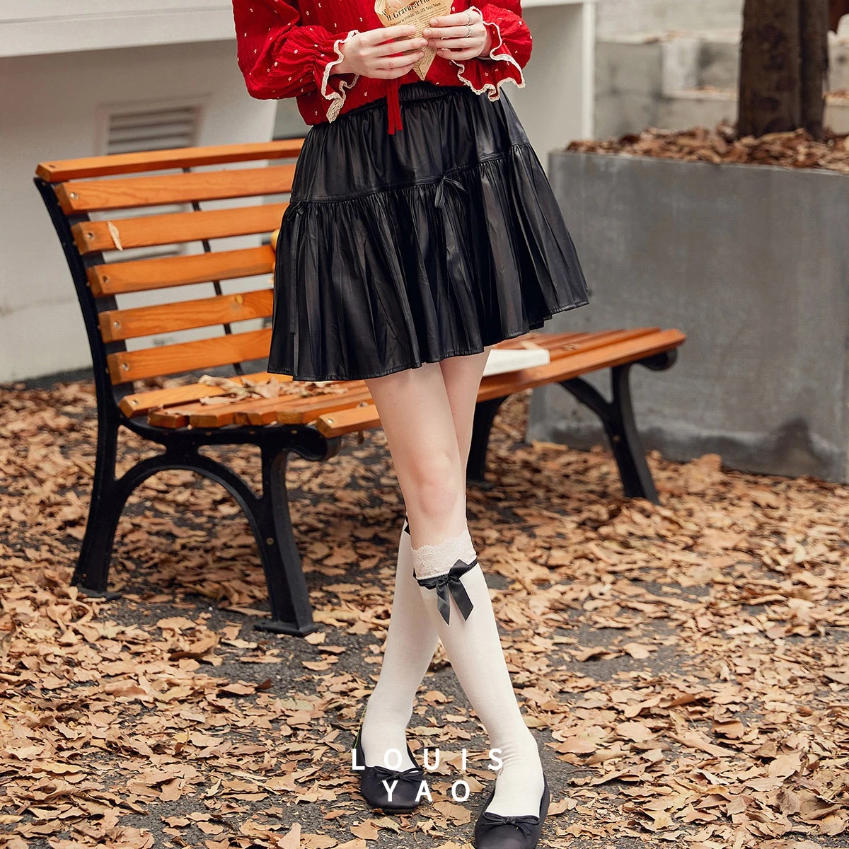 루이야오 패션 여성용 하이웨이스트 스커트 2025 가을 미니스커트 레이어드 엘라스틱 웨이스트 디자인 리본 타이 숏 스커트