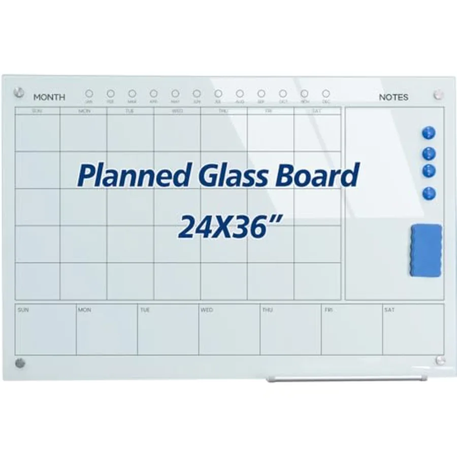 

Magnetic Glass Whiteboard 36X24 Calendar Dry Erase Board for Home School Office Frameless with Markers Marker Tray Eraser Magne
