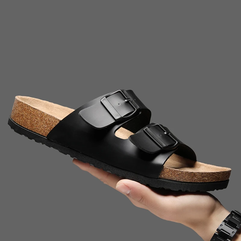 

Summer Wear Muller Slippers Fashion Casual Beach Sandals New Leather Birkenstok Mens Cork Flip-flops Male Couple Retro Slides