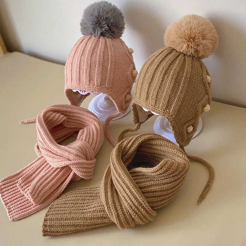 2Pcs Winter Baby Hat Scarf Gloves Set Solid Color Toddler Bonnet Cute Pompom Knitted Hats Outdoor Warm Infant Accessories 1-5Y