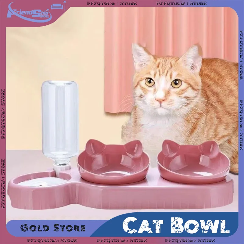 Cat Bowl 2-in-1 Double Bowls with Automatic Drinking Bottle Anti Overturning Cat Food Rice Bowl Tilted Rotatable Pet Supplies