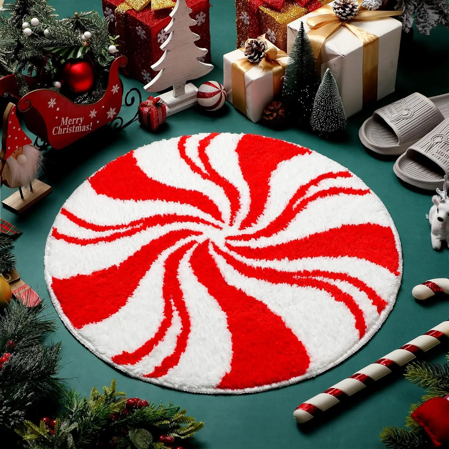 

VIKAMA Christmas Festival Atmosphere Round Rug For Living Room And Bedroom, Christmas Tree Decor For Home Interior