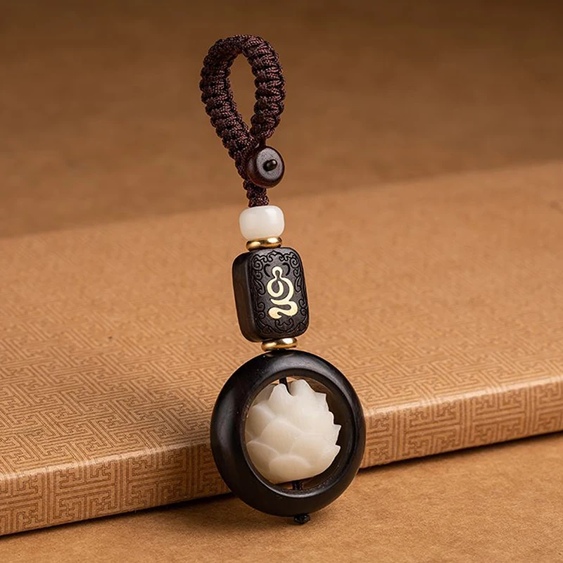 Neuer buddhistischer Lotusblumen-Schlüsselanhänger, Holz-Glücksperlen-Schlüsselring-Anhänger, Auto- und Taschen-Schlüsselanhänger, Geschenk – Detail 6