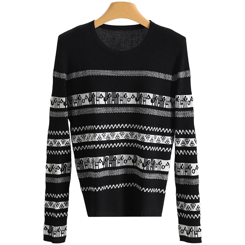 Faionable Knitted Base Layer Top round Ne Striped Embroidery Women's Winter Clothing Breathable Comfortable Long Sve S...