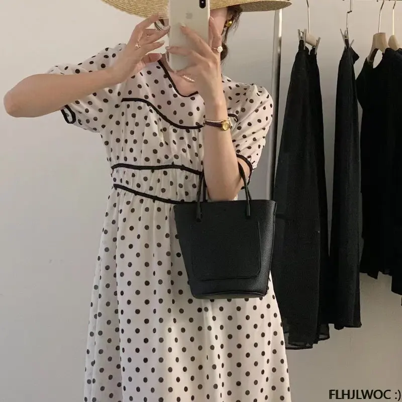 2023 Chic Korea Fashion Clothes Fenimine Vestidos Women Elegant Office Lady Vintage Single Breasted Button Black Dot Shirt Dress