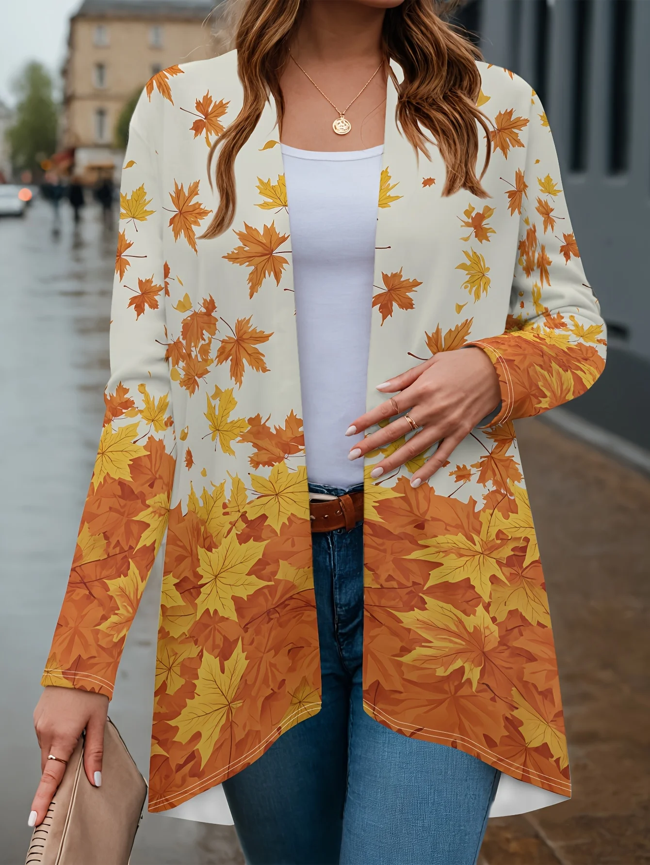 سترة نسائية عصرية بأكمام طويلة مطبوعة بأوراق القيقب، بوليستر مفتوح من الأمام، غطاء خفيف الوزن، معطف كاجوال للربيع والخريف