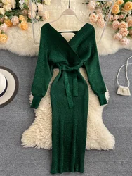 Knitted Vestidos Female Autumn and Winter Fashion Bat Sleeve Temperament V-neck Waist Thin Sexy Midi Dress with Hips KK1121