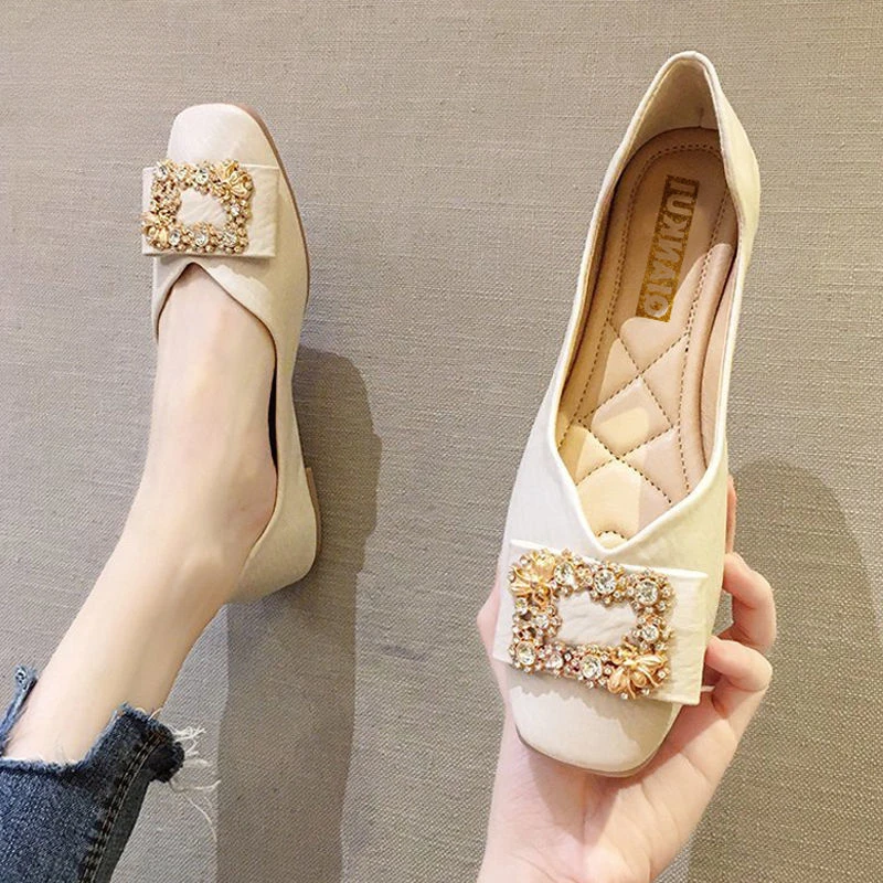 Woman Flats with Crystals Square Toe Rhinestone Shoes for Women Diamond Moccasins Elegant Party Vacation on Promotion Spring E L