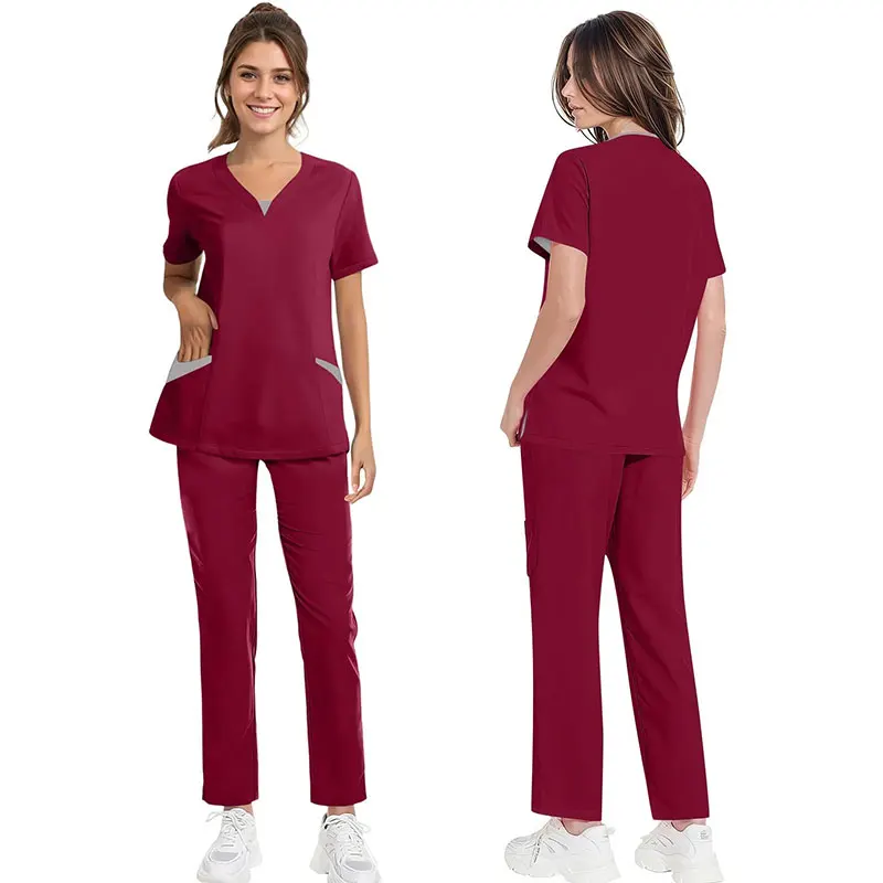 مستشفى طبيب التمريض مجموعة للجنسين الجراحية عداء ببطء البدلة قصيرة الأكمام الخامس الرقبة القمم ممرضة السراويل الصيدلة الزي الطبي بالجملة