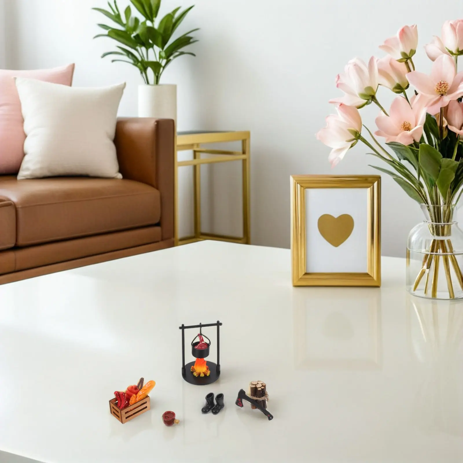 

1Set Miniature Campfire Ornament Set Tiny Wood Stove Resin Bonfire Simulation Fire Pit Fake Steak Cooking Props for Dollhouse