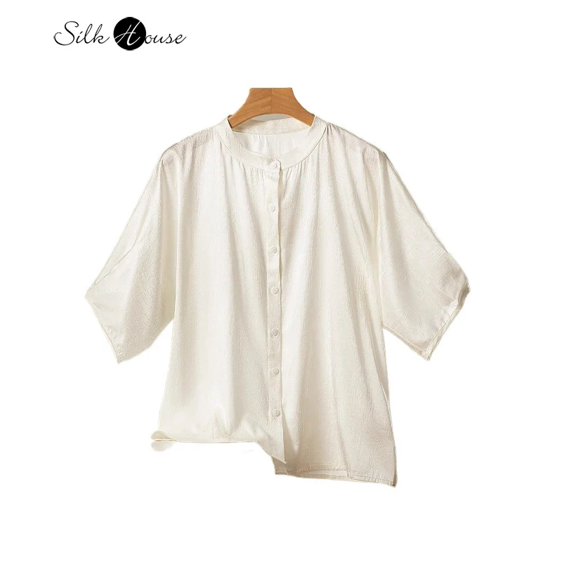 

2025 Women's Summer Casual New White Versatile 93% Natural Mulberry Silk Elastic SangBo Satin Batwing Sleeve Loose Shirt