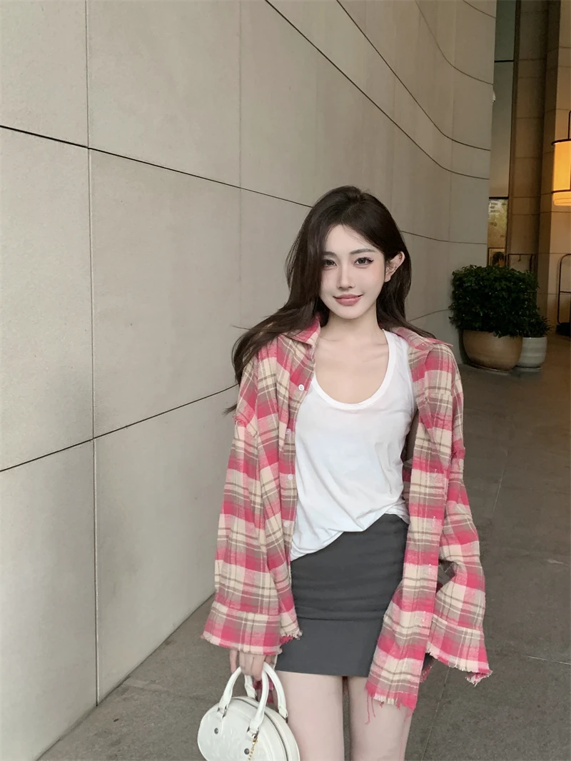 

Brushed fringe contrasting retro plaid pink shirt jacket for women autumn loose mid-length lazy style long-sleeved top