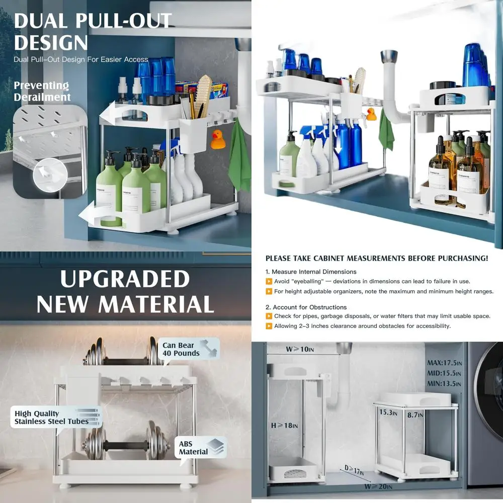 

Dual-Tier Adjustable Kitchen & Bathroom Under-Sink Organizers, Sliding Storage Solutions in White