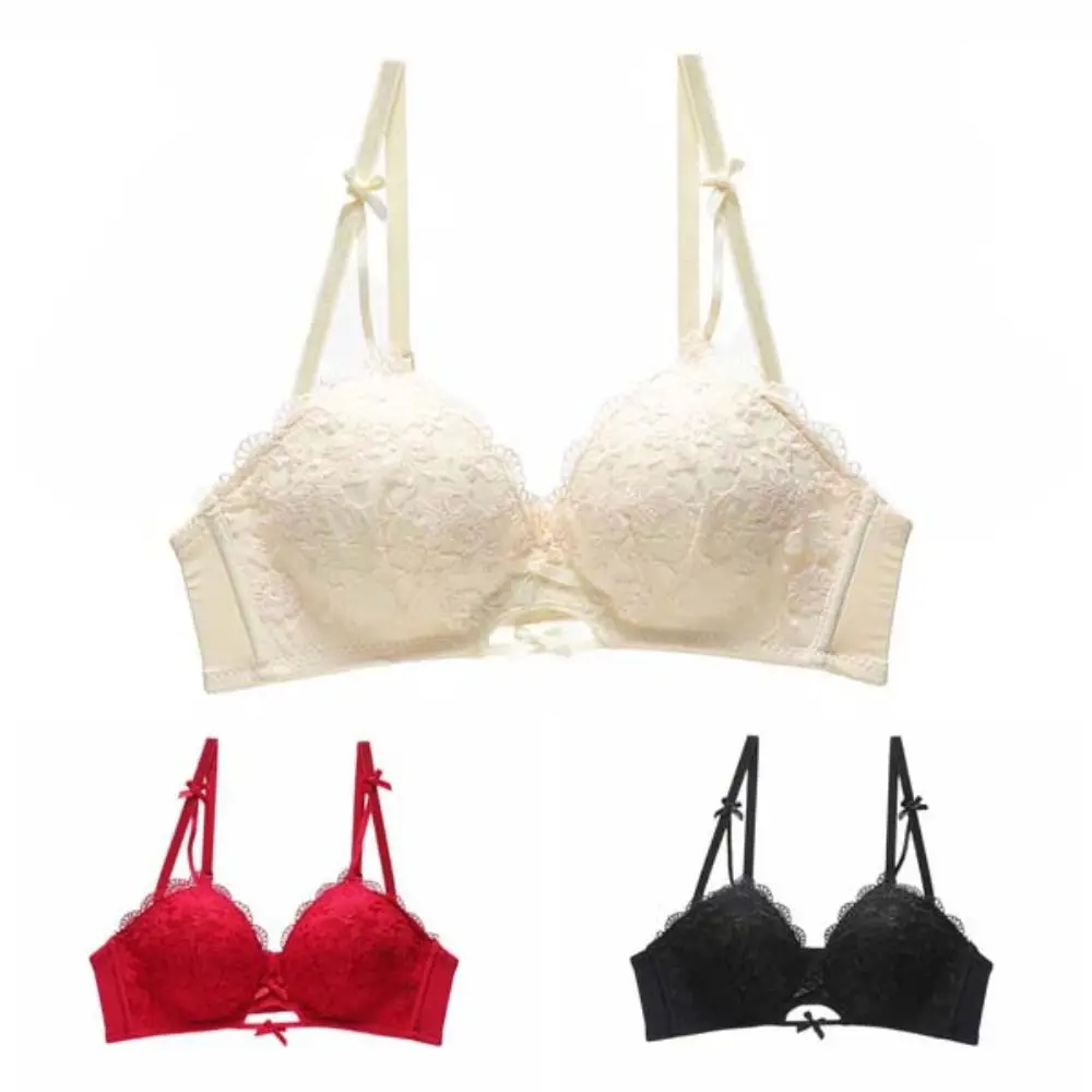 Süßer, atmungsaktiver Spitzen-Blumen-BH, dünner, verstellbarer Push-Up-BH, Dessous, Schleife, tiefer V-BH, Geschenke