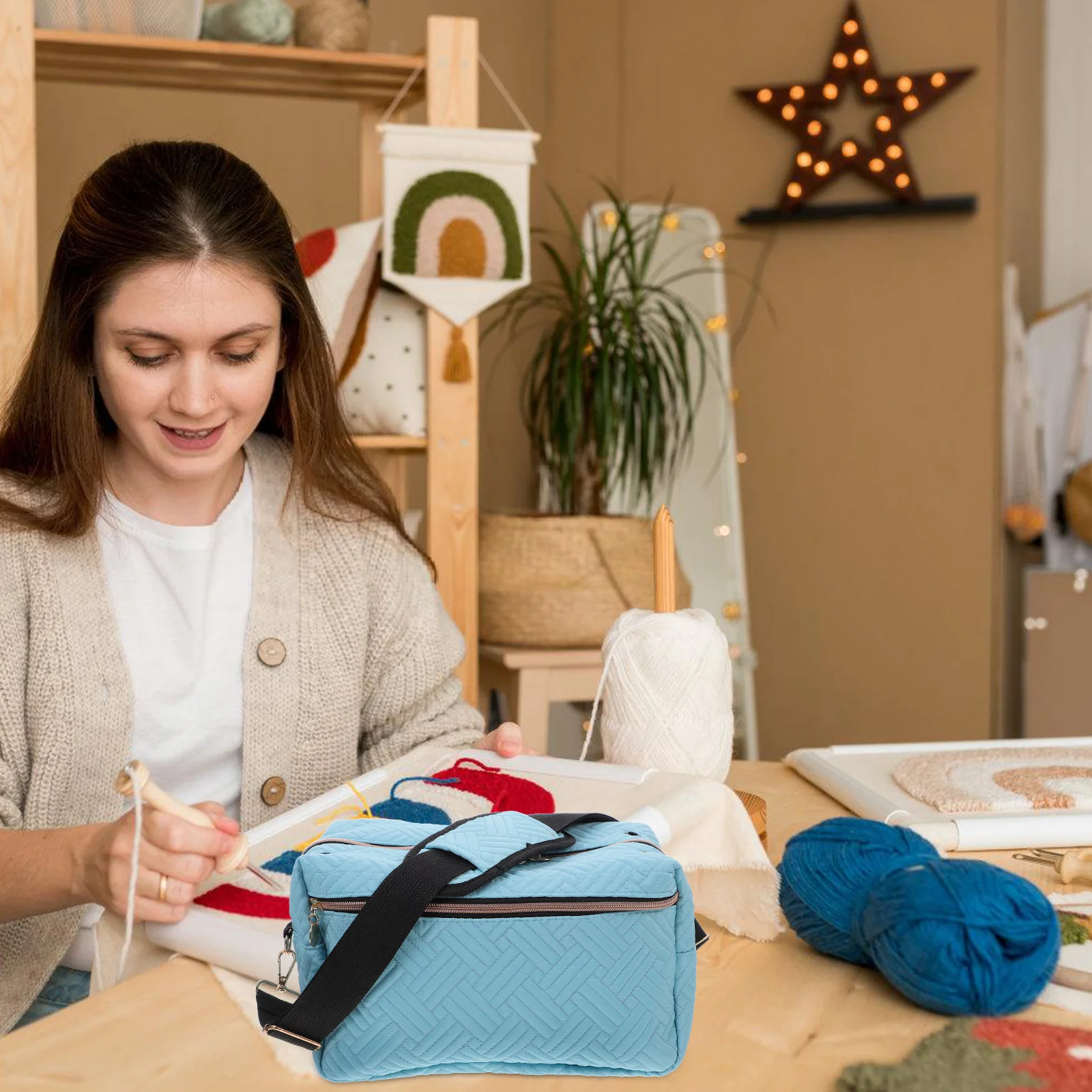 

Spacious Yarn Storage Organizer Knitting Bag with Shoulder Belt Portable Crochet Tote Bag for Crocheting Accessories Sewing Case