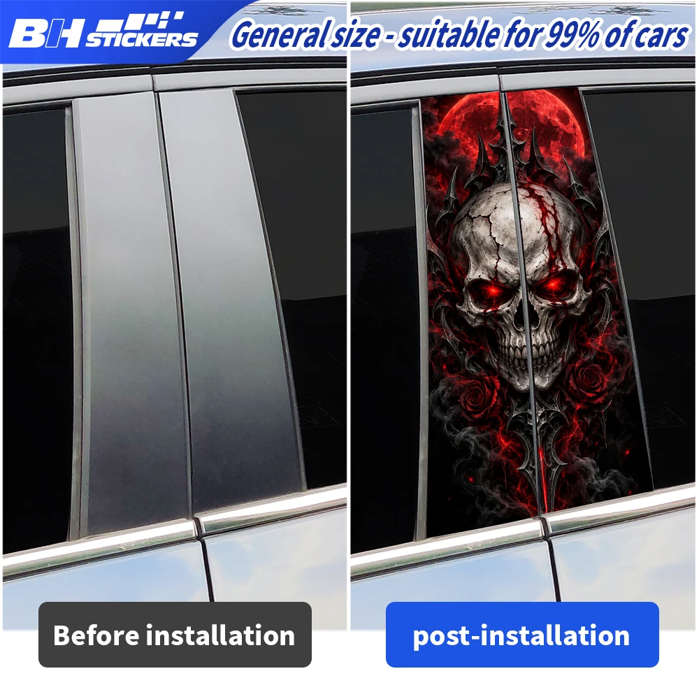Red Eyes Skull Roses Car B Pillar Sticker 2Pcs Vinyl Window Middle Column Decal Universal Auto Exterior Decoration Accessories