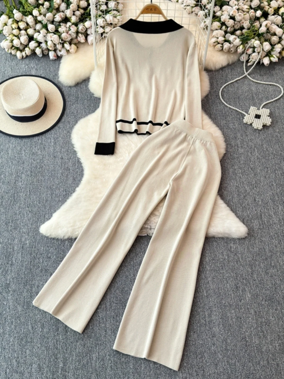 Autumn Winter Knitted Two Piece Sets Women Knitting Cardigants Long Wide Legs Pants Suits Knitwear