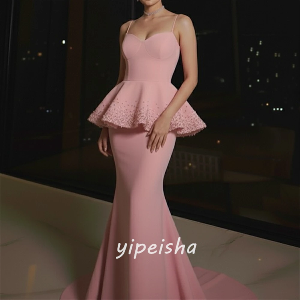 Personalizado de alta calidad elegante Jersey rebordear sirena acanalada correa de espagueti vestidos largos vestidos de noche tamaños disponibles Retro