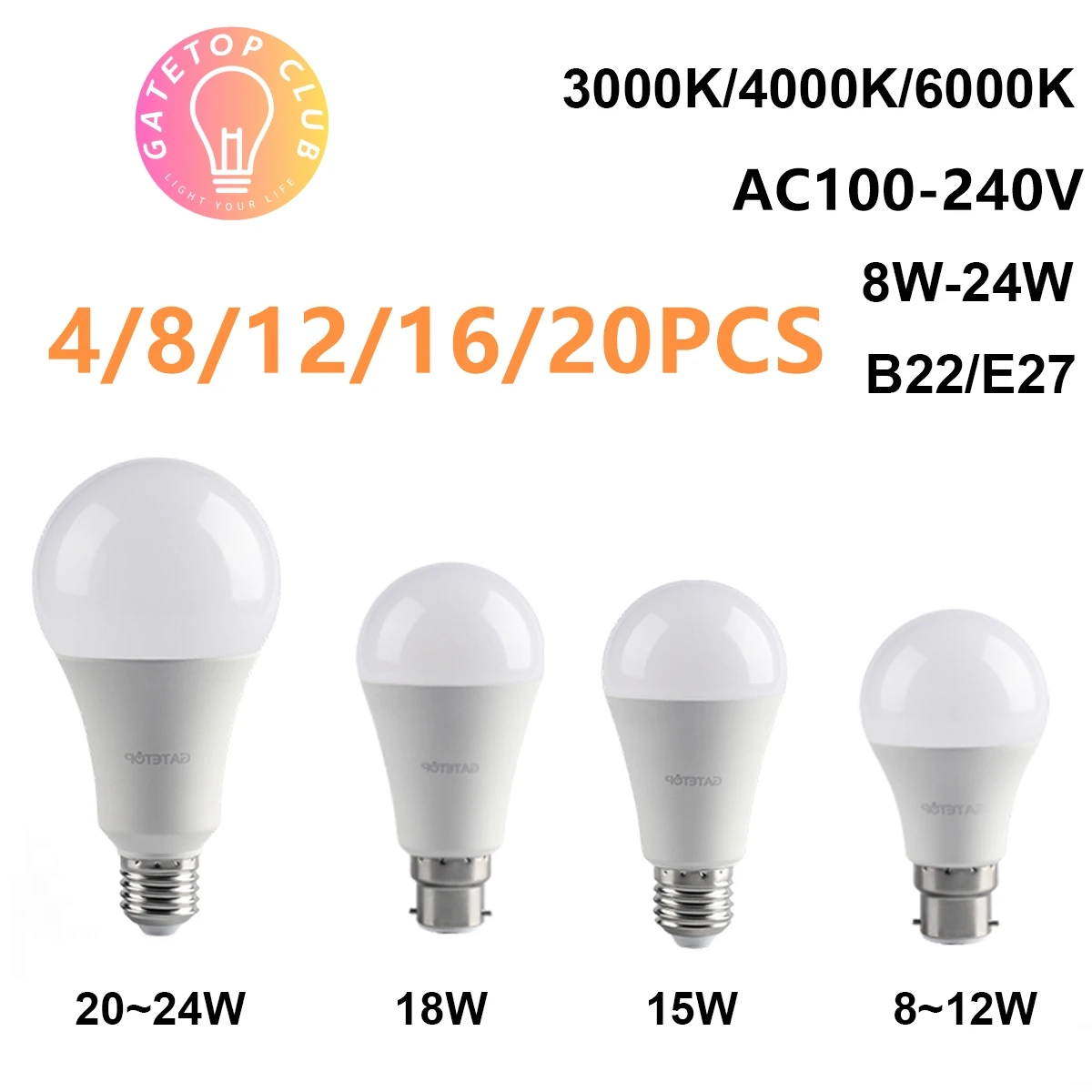 LEDエネルギー貯蔵ランプac110v,220v,e27 b22,実際の電力,8wから24wのストロボなし,白色光