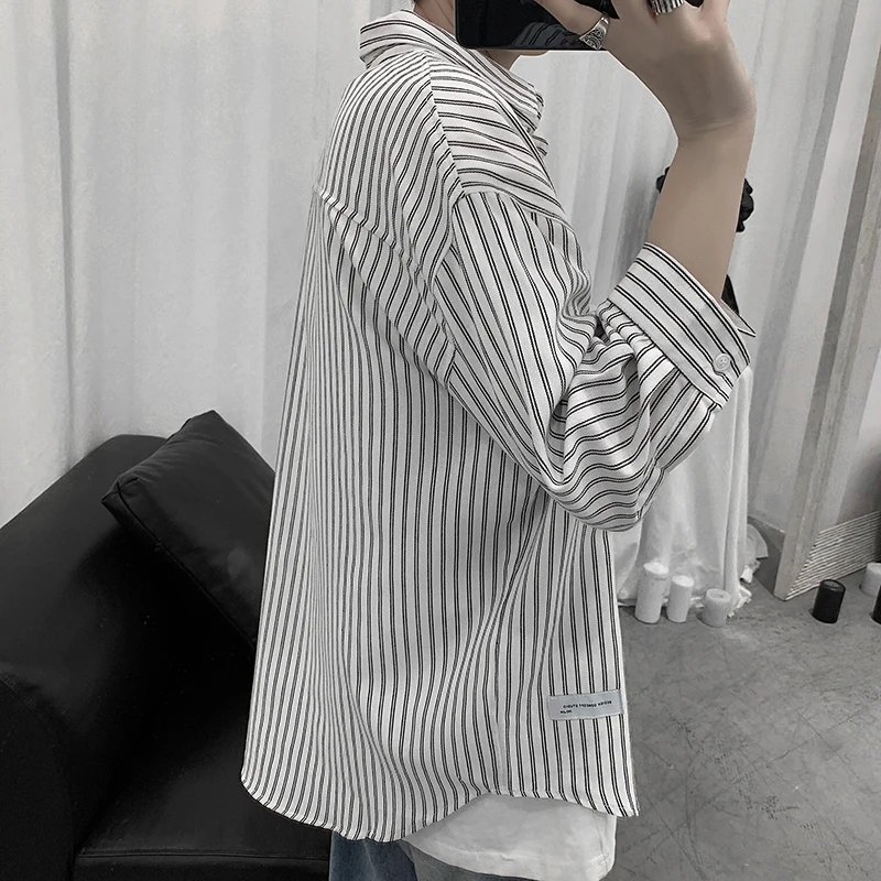 

Men's Short Sleeve Shirt Summer Thin Casual Oversize Seven Half Sleeve Striped Trendy Youth Loose Fit Shirt for Teens