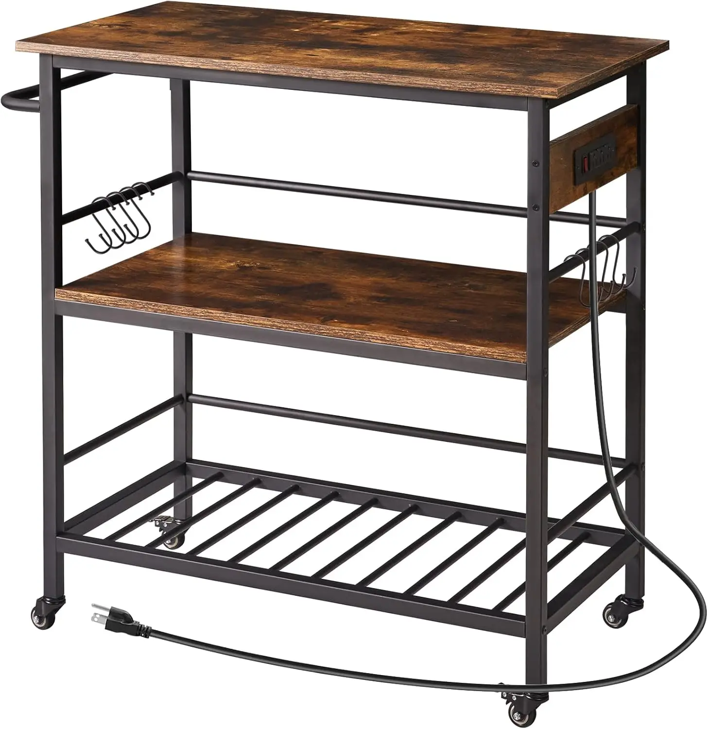 Kitchen Island with 3 Shelves, Island Table for Kitchen with Power Outlet,Kitchen Cart with Large Worktop,Rolling Bar Cart for H