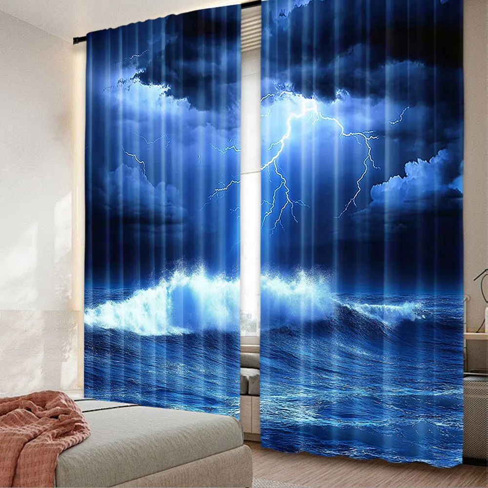 2Pcs Cloud Lightning Dark Clouds Storm Waves Bad Weather Cuetain Suitable For Bedroom And Living Room