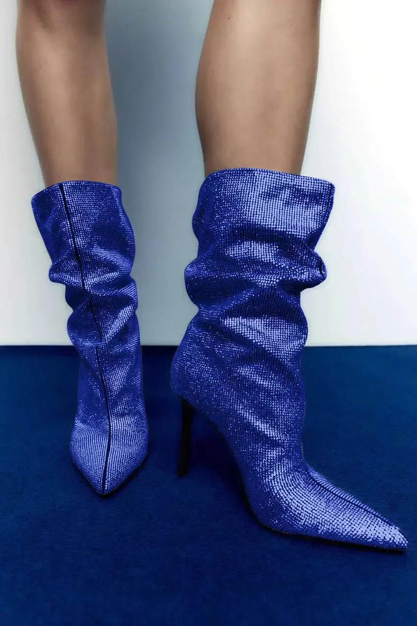 Silver Diamond Black Fabric Ankle Boots Pointed Toe Stiletto Heel Sexy Large Size Rhinestone Mid Tube Boot Fashion Women's Shoes