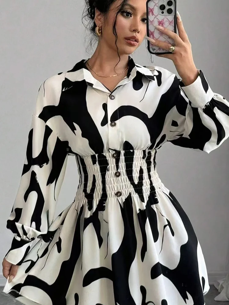 Zadily 2025 Spring Women's Ink Print Shirt Dress Smocked Waist Lantern Sleeve Elegant Casual Work Mini Dress